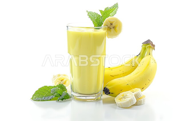 Refreshing seasonal fruit drinks, Saudi local agricultural crops and fruits, a glass of delicious banana fruit juice, healthy, useful and nutritious drinks, delicious cold natural cocktails and juices, white background
