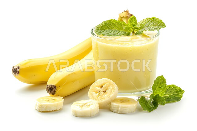 مشروبات فواكه موسمية منعشة، محاصيل زراعية وثمار وطنية محلية سعودية، كأس من عصير فاكهة الموز اللذيذة، مشاريب صحية ومفيدة ومغذية، كوكتيلات وعصائر طبيعية باردة شهية، خلفية بيضاء
