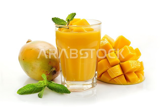 A glass of delicious mango juice, healthy, beneficial and nutritious drinks, delicious cold natural juices, refreshing seasonal fruit drinks, agricultural crops and local Saudi national fruits
