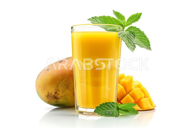 عصائر طبيعية باردة شهية، مشروبات فواكه موسمية منعشة، محاصيل زراعية وثمار وطنية محلية سعودية، كأس من عصير فاكهة المانجو اللذيذة، مشاريب صحية ومفيدة ومغذية، خلفية بيضاء