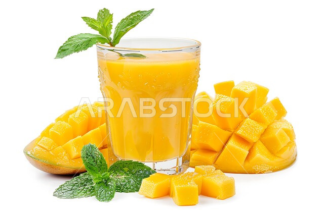 A glass of delicious mango juice, healthy, beneficial and nutritious drinks, delicious cold natural juices, refreshing seasonal fruit drinks, agricultural crops and local Saudi national fruits