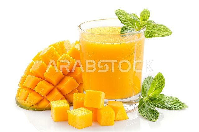  مشاريب صحية ومفيدة ومغذية، عصائر طبيعية باردة شهية، مشروبات فواكه موسمية منعشة، محاصيل زراعية وثمار وطنية محلية سعودية، كأس من عصير فاكهة المانجو اللذيذة، خلفية بيضاء