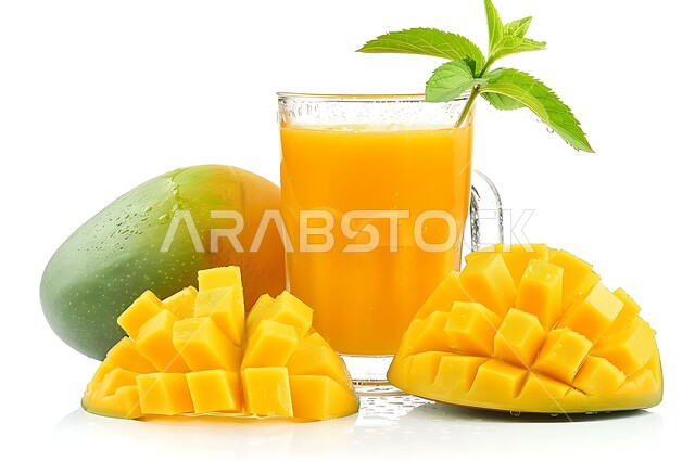 Healthy, useful and nutritious drinks, delicious cold natural juices, refreshing seasonal fruit drinks, Saudi local agricultural crops and fruits, a glass of delicious mango fruit juice, white background