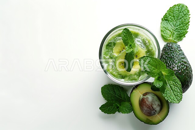 عصائر طبيعية باردة لذيذة، مشروبات فواكه موسمية منعشة، ثمار ومحاصيل زراعية وطنية محلية سعودية، كأس من عصير فاكهه الأفوكادو الشهية، مشاريب صحية ومفيدة ومغذية، خلفية بيضاء