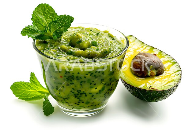 عصائر طبيعية باردة لذيذة، مشروبات فواكه موسمية منعشة، ثمار ومحاصيل زراعية وطنية محلية سعودية، كأس من عصير فاكهه الأفوكادو الشهية، مشاريب صحية ومفيدة ومغذية، خلفية بيضاء