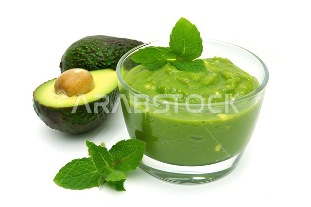 Delicious cold natural juices, refreshing seasonal fruit drinks, Saudi local national fruits and crops, a glass of delicious avocado fruit juice, healthy, useful and nutritious drinks, white background