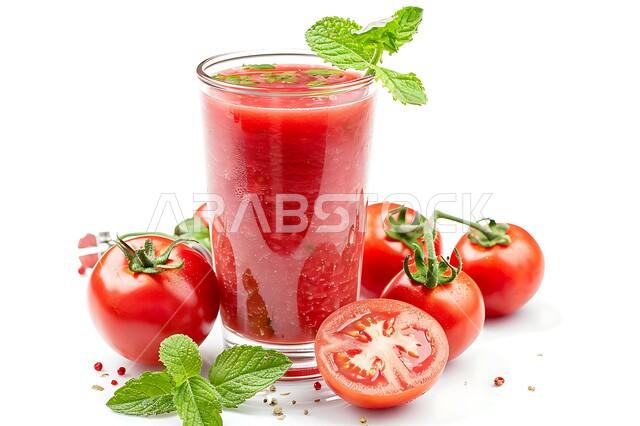 Delicious cold natural drinks, Saudi local agricultural crops and fruits, refreshing seasonal fruit drinks, a glass of delicious tomato juice, healthy, useful and nutritious juices, white background