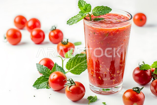 Delicious cold natural drinks, Saudi local agricultural crops and fruits, refreshing seasonal fruit drinks, a glass of delicious tomato juice, healthy, useful and nutritious juices, white background