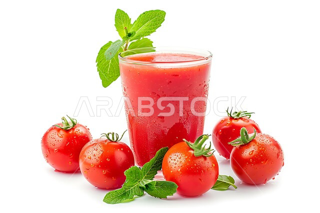 مشاريب طبيعية باردة شهية، محاصيل زراعية وثمار وطنية محلية سعودية، مشروبات فواكه موسمية منعشة، كأس من عصير الطماطم اللذيذة، عصائر صحية ومفيدة ومغذية، خلفية بيضاء