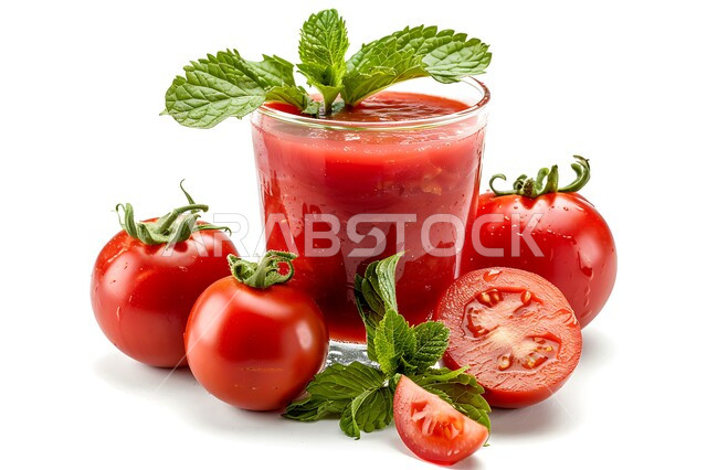 مشاريب طبيعية باردة شهية، محاصيل زراعية وثمار وطنية محلية سعودية، مشروبات فواكه موسمية منعشة، كأس من عصير الطماطم اللذيذة، عصائر صحية ومفيدة ومغذية، خلفية بيضاء