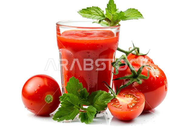 مشاريب طبيعية باردة شهية، محاصيل زراعية وثمار وطنية محلية سعودية، مشروبات فواكه موسمية منعشة، كأس من عصير الطماطم اللذيذة، عصائر صحية ومفيدة ومغذية، خلفية بيضاء