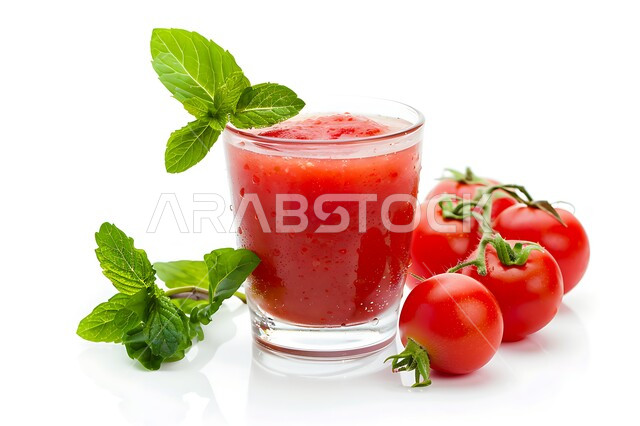 مشاريب طبيعية باردة شهية، محاصيل زراعية وثمار وطنية محلية سعودية، مشروبات فواكه موسمية منعشة، كأس من عصير الطماطم اللذيذة، عصائر صحية ومفيدة ومغذية، خلفية بيضاء