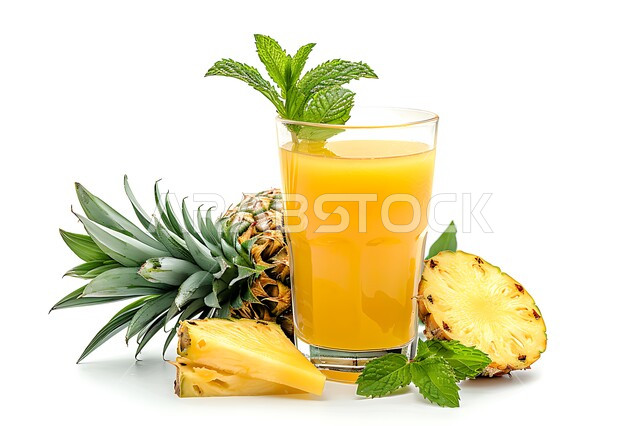 مشاريب طبيعية باردة شهية، ثمار ومحاصيل زراعية وطنية محلية سعودية، مشروبات فواكه موسمية منعشة، كأس من عصير فاكهة الأنانس اللذيذة، عصائر صحية ومفيدة ومغذية، خلفية بيضاء