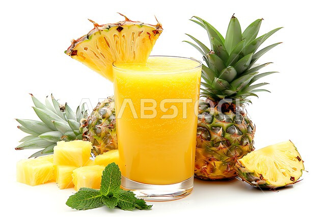 Delicious cold natural drinks, Saudi local national fruits and agricultural crops, refreshing seasonal fruit drinks, a glass of delicious pineapple juice, healthy, useful and nutritious juices, white background