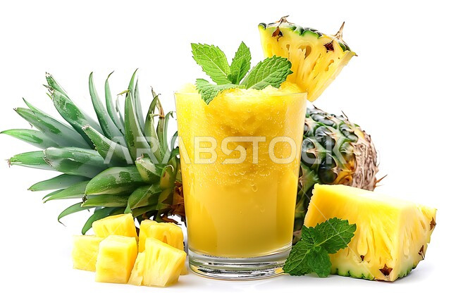 مشاريب طبيعية باردة شهية، ثمار ومحاصيل زراعية وطنية محلية سعودية، مشروبات فواكه موسمية منعشة، كأس من عصير فاكهة الأنانس اللذيذة، عصائر صحية ومفيدة ومغذية، خلفية بيضاء