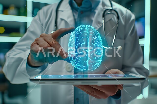تطور التقنية والتكنولوجيا في المجال العلمي والصحي، الذكاء الإصطناعي والتقدم الرقمي التكنولوجي، صورة مقربة لطبيب عربي خليجي سعودي يحمل بيده جهاز التابلت مع صورة للدماغ بتقنية الهولوجرام، خلايا الدماغ المضيئة، الرؤية السعودية المستقبلية 2030 