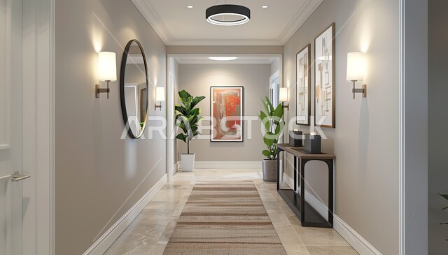 منتجعات وفنادق فاخره، مدخل رئيسي داخل منزل بأثاث حديث باللون الابيض، ديكورات داخلية مميزة و متطورة، شقق وفلل سكنية راقية, تحف و أكسسوارات عصرية مع نباتات الزينة