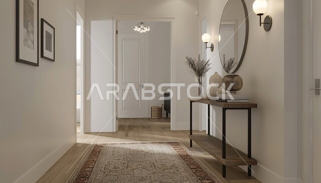 تحف و أكسسوارات عصرية فاخرة، منتجعات وفنادق فاخره، مدخل رئيسي داخل منزل بأثاث حديث باللون الابيض، ديكورات داخلية مميزة و متطورة، شقق وفلل سكنية راقية