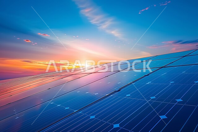  مفهوم انتاج الطاقة البديلة الصديقة للبيئة في المملكة العربية السعودية, صورة مقربة لألواح الطاقة الكهروضوئية اثناء غروب الشمس، محطات الطاقات الشمسية المتجددة