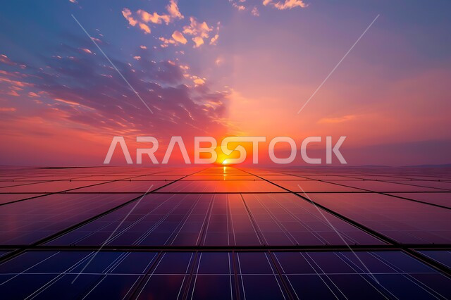The concept of producing environmentally friendly alternative energy in the Kingdom of Saudi Arabia, a close-up of photovoltaic panels during sunset, renewable solar energy stations
