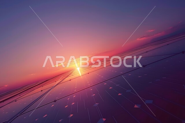 The concept of producing environmentally friendly alternative energy in the Kingdom of Saudi Arabia, a close-up of photovoltaic panels during sunset, renewable solar energy stations