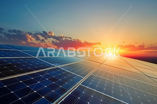  مفهوم انتاج الطاقة البديلة الصديقة للبيئة في المملكة العربية السعودية, صورة مقربة لألواح الطاقة الكهروضوئية اثناء غروب الشمس، محطات الطاقات الشمسية المتجددة