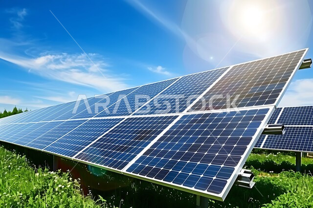 مفهوم انتاج الطاقة البديلة الصديقة للبيئة في المملكة العربية السعودية, صورة مقربة لمجموعة من ألواح الطاقة الكهروضوئية، خلفية السماء الزرقاء مع الغيوم، انعكاس اشعة الشمس على محطات الطاقات الشمسية المتجددة