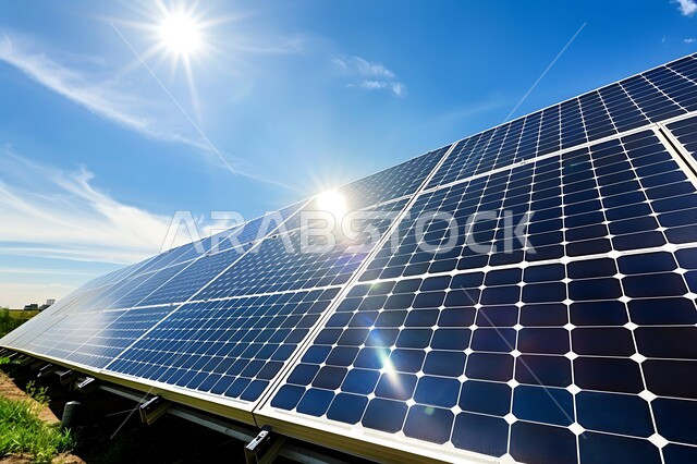 مفهوم انتاج الطاقة البديلة الصديقة للبيئة في المملكة العربية السعودية, صورة مقربة لمجموعة من ألواح الطاقة الكهروضوئية، خلفية السماء الزرقاء مع الغيوم، انعكاس اشعة الشمس على محطات الطاقات الشمسية المتجددة