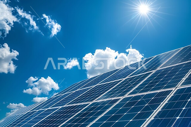 انعكاس اشعة الشمس على محطات الطاقات الشمسية المتجددة، مفهوم انتاج الطاقة البديلة الصديقة للبيئة في المملكة العربية السعودية, صورة مقربة لمجموعة من ألواح الطاقة الكهروضوئية، خلفية السماء الزرقاء مع الغيوم