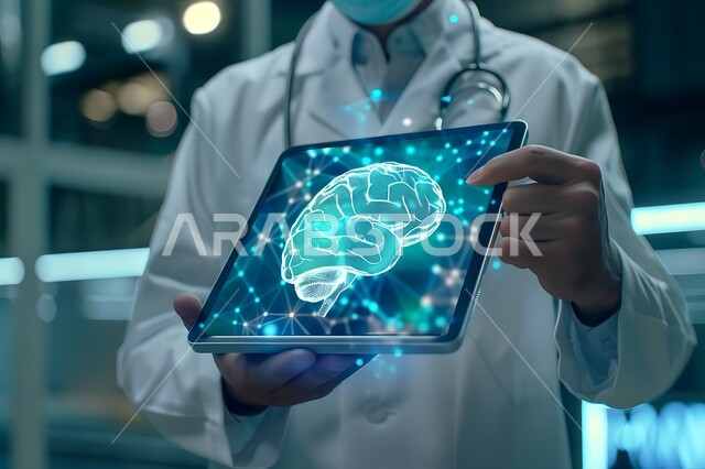 تطور التقنية والتكنولوجيا في المجال العلمي والصحي، الذكاء الإصطناعي والتقدم الرقمي التكنولوجي، صورة مقربة لطبيب عربي خليجي سعودي يحمل بيده جهاز التابلت مع صورة للدماغ بتقنية الهولوجرام، خلايا الدماغ المضيئة، الرؤية السعودية المستقبلية 2030 