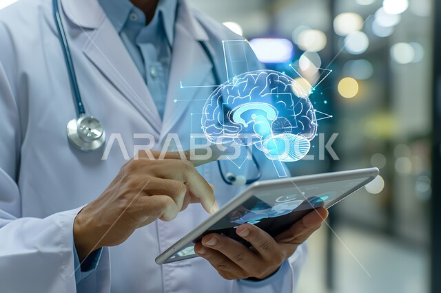تطور التقنية والتكنولوجيا في المجال العلمي والصحي، الذكاء الإصطناعي والتقدم الرقمي التكنولوجي، صورة مقربة لطبيب عربي خليجي سعودي يحمل بيده جهاز التابلت مع صورة للدماغ بتقنية الهولوجرام، خلايا الدماغ المضيئة، الرؤية السعودية المستقبلية 2030 