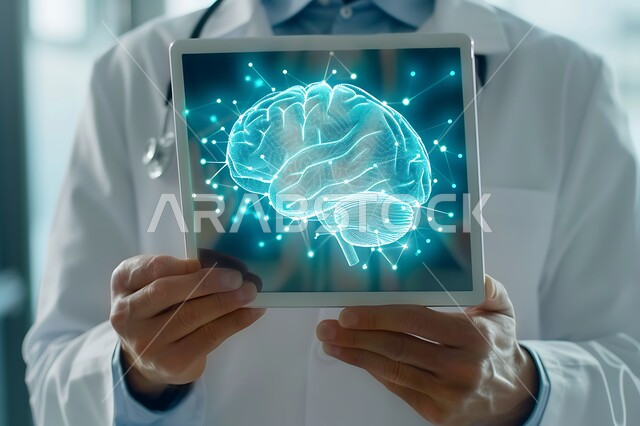 تطور التقنية والتكنولوجيا في المجال العلمي والصحي، الذكاء الإصطناعي والتقدم الرقمي التكنولوجي، صورة مقربة لطبيب عربي خليجي سعودي يحمل بيده جهاز التابلت مع صورة للدماغ بتقنية الهولوجرام، خلايا الدماغ المضيئة، الرؤية السعودية المستقبلية 2030 