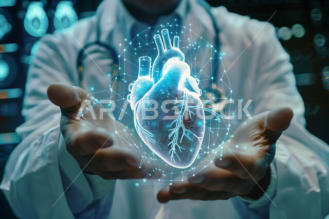 Using modern technology and artificial intelligence in examining and examining patients, digital technological progress, development of technology in the scientific and health field, close-up image of a Saudi Gulf Arab doctor holding a heart with hologram technology, Saudi Vision 2030