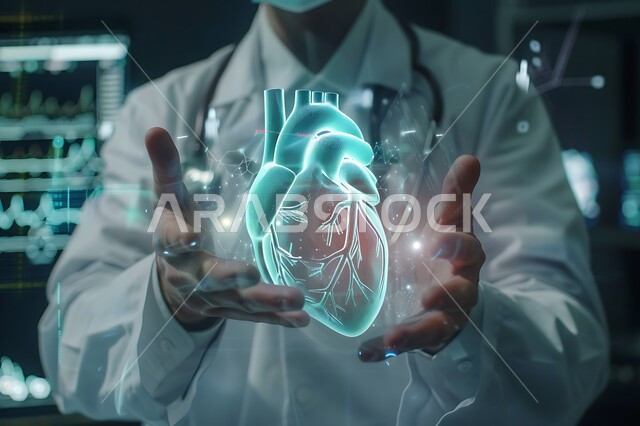 Using modern technology and artificial intelligence in examining and examining patients, digital technological progress, development of technology in the scientific and health field, close-up image of a Saudi Gulf Arab doctor holding a heart with hologram technology, Saudi Vision 2030