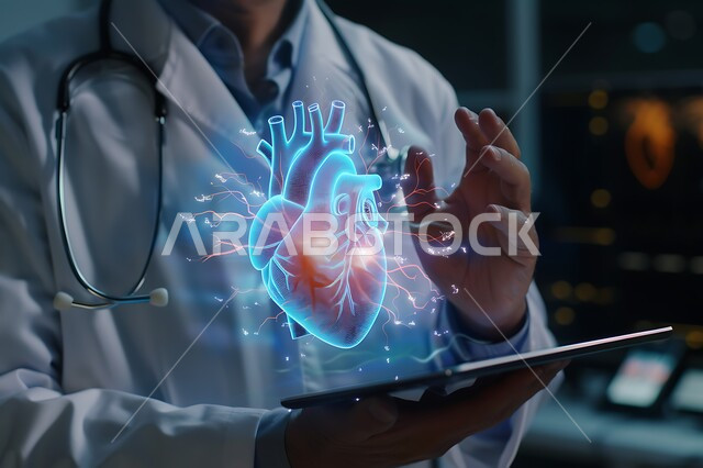 استخدام التكنولوجيا الحديثة والذكاء الإصطناعي في فحص ومعاينة المرضى، التقدم الرقمي التكنولوجي، تطور التقنية في المجال العلمي والصحي، صورة مقربة لطبيب عربي خليجي سعودي  يحمل بيده قلب بتقنية الهولوجرام، الرؤية السعودية المستقبلية 2030 