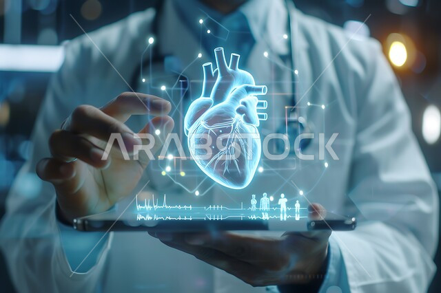 استخدام التكنولوجيا الحديثة والذكاء الإصطناعي في فحص ومعاينة المرضى، التقدم الرقمي التكنولوجي، تطور التقنية في المجال العلمي والصحي، صورة مقربة لطبيب عربي خليجي سعودي  يحمل بيده قلب بتقنية الهولوجرام، الرؤية السعودية المستقبلية 2030 