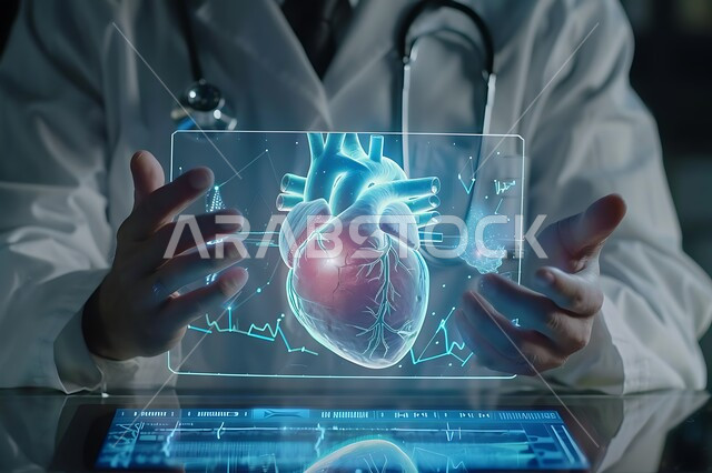 استخدام التكنولوجيا الحديثة والذكاء الإصطناعي في فحص ومعاينة المرضى، التقدم الرقمي التكنولوجي، تطور التقنية في المجال العلمي والصحي، صورة مقربة لطبيب عربي خليجي سعودي  يحمل بيده قلب بتقنية الهولوجرام، الرؤية السعودية المستقبلية 2030 