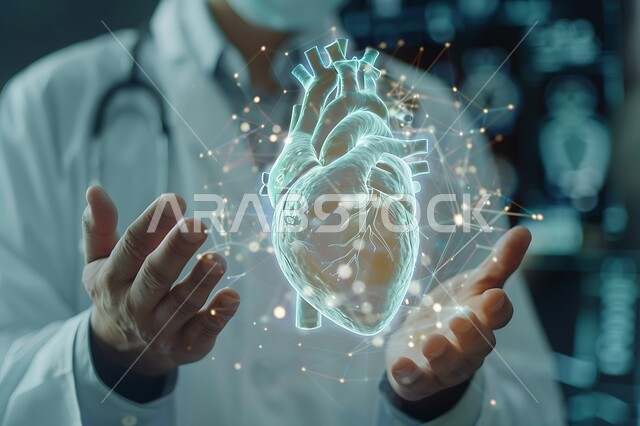  التقدم الرقمي التكنولوجي، تطور التقنية في المجال العلمي والصحي، صورة مقربة لطبيب عربي خليجي سعودي  يحمل بيده قلب بتقنية الهولوجرام، الرؤية السعودية المستقبلية 2030، استخدام التكنولوجيا الحديثة والذكاء الإصطناعي في فحص ومعاينة المرضى