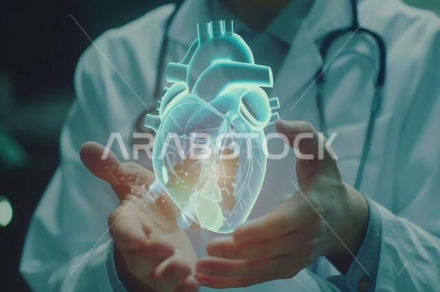 Digital technological progress, development of technology in the scientific and health field, close-up image of a Saudi Arabian Gulf doctor holding a heart with hologram technology, Saudi Vision 2030, use of modern technology and artificial intelligence in examining and examining patients