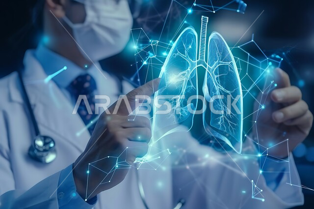 الرؤية السعودية المستقبلية 2030، استخدام التكنولوجيا الحديثة بالفحص والتشخيص، دمج الذكاء الاصطناعي بالطب، صورة مقربة لطبيب عربي خليجي سعودي يرتدي المعطف الطبي يحمل يقوم بدراسة جهاز التنفس بتقنية الهولوجرام