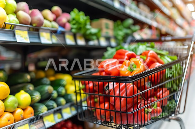 أنواع وأصناف من السلع المختلفه في المتاجر والمولات الفاخرة في المملكة العربية السعودية، متجر لبيع الاحتياجات والمستلزمات المنزلية، منتجات ومحاصيل زراعية وطنية سعودية، صورة مقربة لعربة تسوق مليئة بالفواكه والخضار الموسمية الطازجة اللذيذة