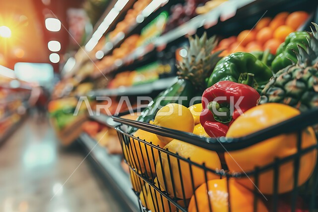 أنواع وأصناف من السلع المختلفه في المتاجر والمولات الفاخرة في المملكة العربية السعودية، متجر لبيع الاحتياجات والمستلزمات المنزلية، منتجات ومحاصيل زراعية وطنية سعودية، صورة مقربة لعربة تسوق مليئة بالفواكه والخضار الموسمية الطازجة اللذيذة