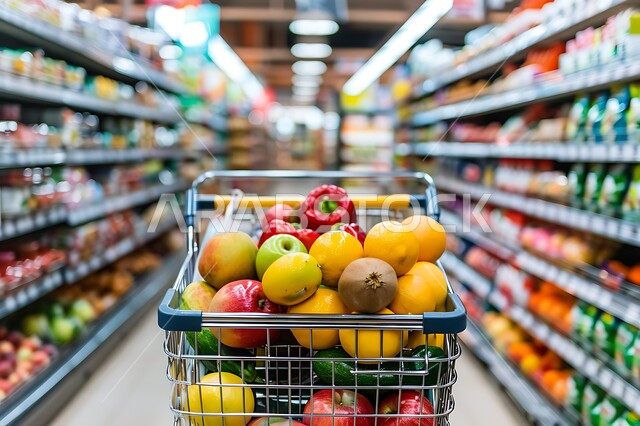 أنواع وأصناف من السلع المختلفه في المتاجر والمولات الفاخرة في المملكة العربية السعودية، متجر لبيع الاحتياجات والمستلزمات المنزلية، منتجات ومحاصيل زراعية وطنية سعودية، صورة مقربة لعربة تسوق مليئة بالفواكه والخضار الموسمية الطازجة اللذيذة