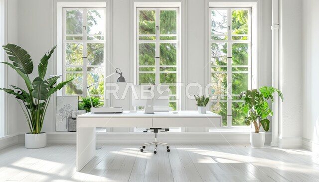 نافذة زجاجية مطلة على الطبيعة، غرف مكتبية بتصاميم داخلية وديكورات راقية مع اثاث بسيط ومريح، تصميم عصري حديث لمكاتب الشركات السعودية، الفن الهندسي المعماري المتطور، غرف القراءة والجلوس باللون الأبيض 