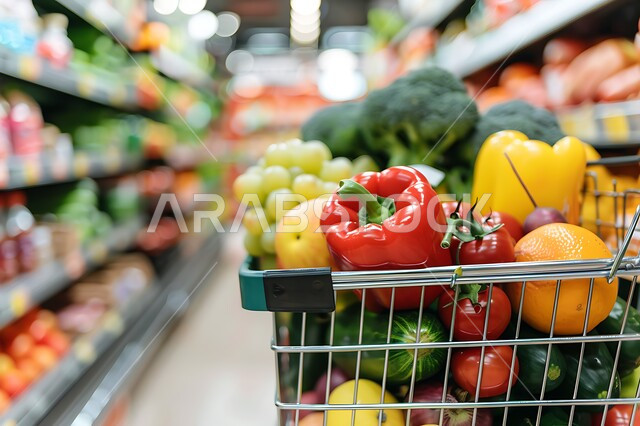Close up of a shopping cart full of delicious fresh seasonal fruits and vegetables, different types and varieties of goods in luxury stores and malls in Saudi Arabia, a store selling household needs and supplies, Saudi national agricultural products and crops
