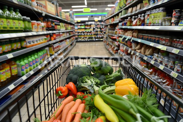 Close up of a shopping cart full of delicious fresh seasonal fruits and vegetables, different types and varieties of goods in luxury stores and malls in Saudi Arabia, a store selling household needs and supplies, Saudi national agricultural products and crops