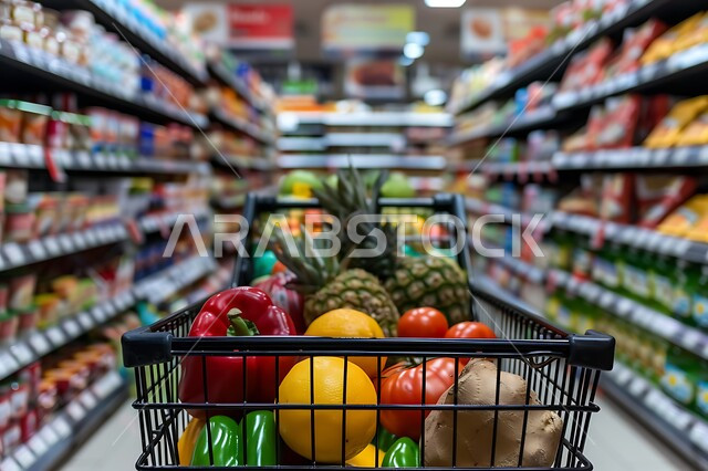 متجر لبيع الاحتياجات والمستلزمات المنزلية، منتجات ومحاصيل زراعية وطنية سعودية، صورة مقربة لعربة تسوق مليئة بالفواكه والخضار الموسمية الطازجة اللذيذة، أنواع وأصناف من السلع المختلفه في المتاجر والمولات الفاخرة في المملكة العربية السعودية