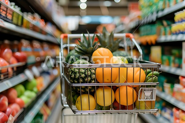 متجر لبيع الاحتياجات والمستلزمات المنزلية، منتجات ومحاصيل زراعية وطنية سعودية، صورة مقربة لعربة تسوق مليئة بالفواكه والخضار الموسمية الطازجة اللذيذة، أنواع وأصناف من السلع المختلفه في المتاجر والمولات الفاخرة في المملكة العربية السعودية