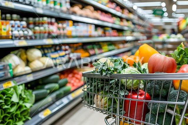 متجر لبيع الاحتياجات والمستلزمات المنزلية، منتجات ومحاصيل زراعية وطنية سعودية، صورة مقربة لعربة تسوق مليئة بالفواكه والخضار الموسمية الطازجة اللذيذة، أنواع وأصناف من السلع المختلفه في المتاجر والمولات الفاخرة في المملكة العربية السعودية