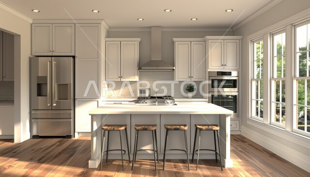 مطبخ بديكورات داخلية عصرية فاخرة مع واجهه زجاجية باطلالة على النباتات الخضراء، فنون الهندسة المعمارية المتميزة الحديثة، شقق وفلل سكنية في السعودية، استخدام الطراز الفني الراقي في الأثاث المنزلي الخشبي